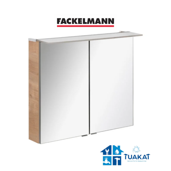 Fackelmann Spiegelelemente Spiegelschrank - 80 cm, LED-Paneelleuchte, 2 Türen, 2 Glaseinlegeböden - Ast-Eiche